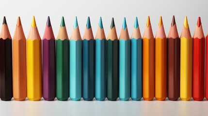 Vibrant colored pencils neatly arranged in a row, sharp tips, studio view, isolated on white background.