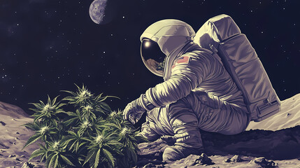 Astronaut examining cannabis plants on lunar surface. Moondust. Illustration