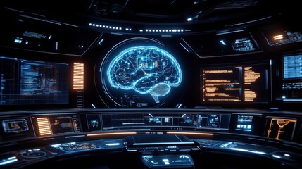 Futuristic control room with holographic brain display.