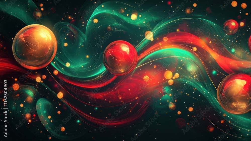 Fototapete a vibrant christmas background with swirling red and green patterns and glowing golden orbs over a d