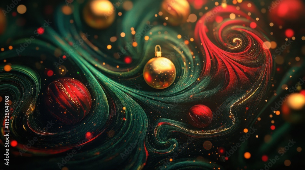 Fototapete a vibrant christmas background with swirling red and green patterns and glowing golden orbs over a d