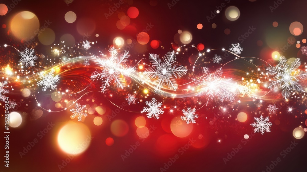 Poster An elegant abstract Christmas design with overlapping snowflakes and soft bokeh lights on a deep red background