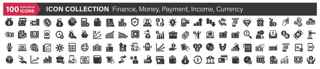 Big icons collection. Containing Finance, Money, Payment, Income, Currency. Glyph solid style series icon