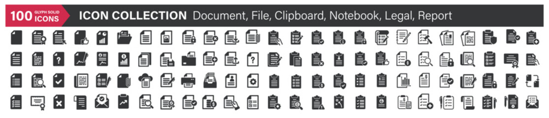 Big icons collection. Containing Document, File, Clipboard, Notebook, Legal, Report . Glyph solid style series icon