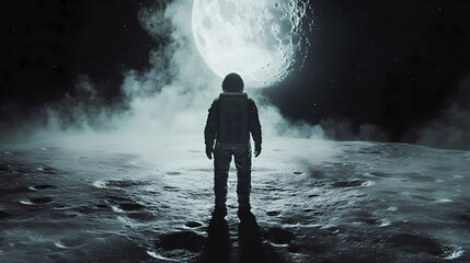 Obraz premium Astronaut standing on lunar surface in moonlight environment. Moondust. Illustration