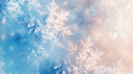 An elegant Christmas abstract featuring overlapping snowflakes and glowing starbursts on a soft white and blue gradient