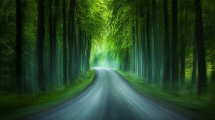 Obraz premium Serene Forest Road Winding Through Lush Green Trees