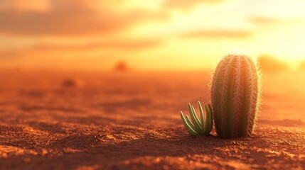 Sunset Desert Landscape Featuring Cacti Plants