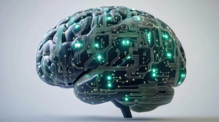 Futuristic human brain with glowing circuit board texture, representing artificial intelligence, technology, and neurology.