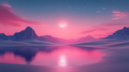 Pink sunset over serene desert lake and mountains, crescent moon in the sky.