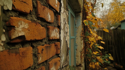 Naklejka premium Facade, A close-up view of weathered brickwork beside an old window, framed by autumn foliage, evoking a rustic, nostalgic atmosphere.