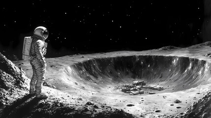 Fototapeta premium An astronaut on the moon stands before a massive crater containing a large moon base. Moondust. Illustration