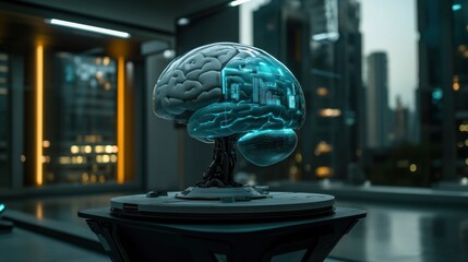 Futuristic transparent brain model on rotating platform in modern city office.