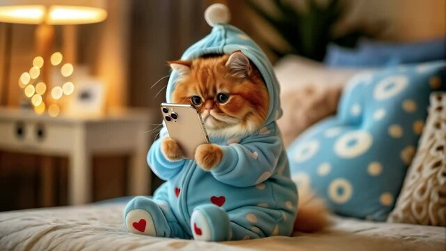 Chubby ginger kitten wearing blue pajamas using smartphone while sitting on cozy bed in the bedroom. Fluffy adorable Persian Cat Holding Phone with paws, looking at the screen. Funny pet concept