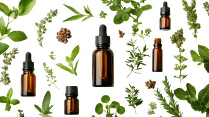 Organic herbal cosmetic beauty products arranged with fresh herbs for a natural skincare experience. Isolated on transparent background, png.
