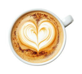 Hot cappuccino with heart-shaped foam art served in white ceramic cup and saucer, creamy coffee beverage perfect for mornings or cafes isolated on transparent background