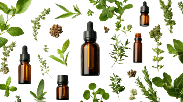 Organic herbal cosmetic beauty products arranged with fresh herbs for a natural skincare experience. Isolated on transparent background, png.