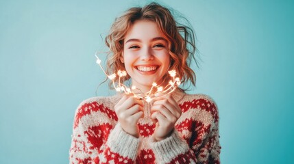 A joyful person in a cozy Christmas sweater holding a glowing string of lights on a soft pastel blue background