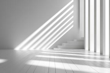 Minimalist white room with stairs and sunlight.