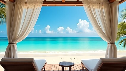 Obraz premium Beachfront Cabana with Flowing Curtains and Ocean View