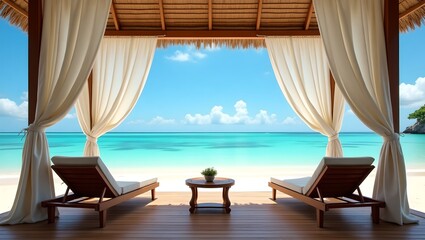 Obraz premium Beachfront Cabana with Flowing Curtains and Ocean View