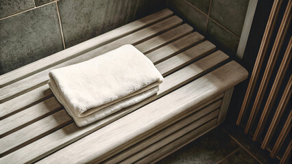 White spa towels, folded neatly on a clean bath mat, evoke feelings of relaxation and hygiene