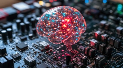 Glass brain model on circuit board, representing AI and technology.