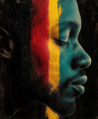 Powerful side profile of an Afro-American man with red, yellow, and green tones, symbolizing liberation and African heritage..