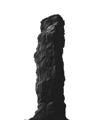 Tall black rock cliff with rugged surface details, natural geological formation, textured vertical stone structure illustration isolated on transparent background