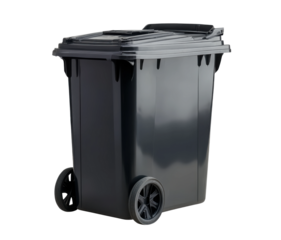 Black plastic trash bin with lid and wheels, durable waste container, large garbage can design for outdoor or indoor use isolated on transparent background