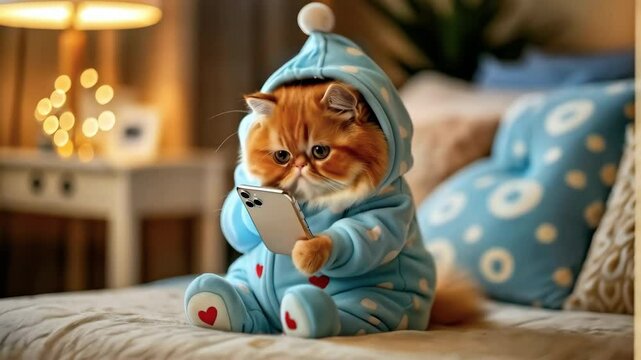 A cute chubby kitten dressed sweet pajamas using a smartphone while sitting on a bed at cozy home bedroom. Funny cat using smartphone, looking at the phone screen. Adorable pet with smartphone concept