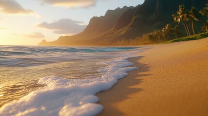 Fototapeta premium Golden Sunset Waves Crashing on a Tropical Beach