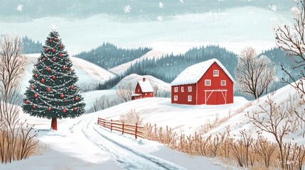 Naklejka premium A peaceful Christmas countryside with rolling hills, a bright red barn, and a decorated tree near a snowy path
