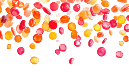 Colorful candy-coated chocolate pieces falling, assorted sweets in bright rainbow colors isolated on white background for dessert design