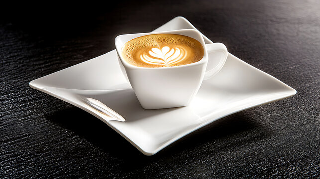 clean and modern coffee presentation featuring latte art design in white cup on stylish plate