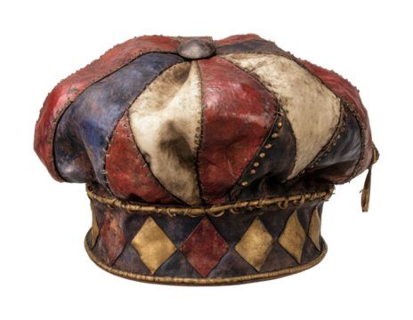 Old colorful jester hat with worn leather texture, medieval harlequin cap, vintage patchwork headwear, antique joker costume accessory, and festive design isolated on transparent background