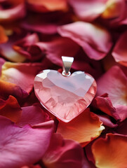 A heart-shaped pendant rests on vibrant rose petals, symbolizing love and beauty.