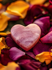 A heart-shaped crystal rests among colorful rose petals, symbolizing love and tranquility.