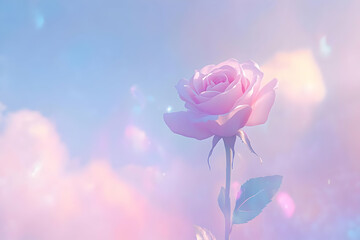 A soft pink rose stands gracefully against a dreamy, pastel background.
