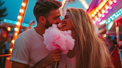 A couple sharing a sweet moment with cotton candy at a vibrant fair.