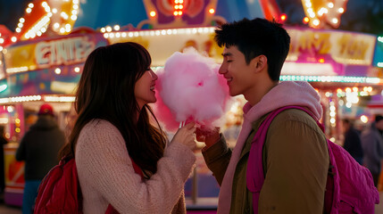 A couple shares a playful moment at a carnival, enjoying cotton candy and each other's company.