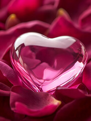 A pink glass heart resting on rose petals, symbolizing love and affection.