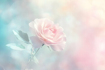 A soft pink rose against a dreamy pastel background, evoking beauty and tranquility.