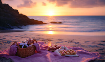 A serene beach picnic at sunset with a basket and delicious treats laid on a blanket.