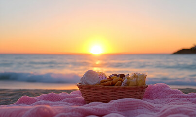 A picnic basket filled with snacks on a beach at sunset, creating a serene atmosphere.