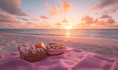 A serene beach scene at sunset with a picnic spread on a blanket.