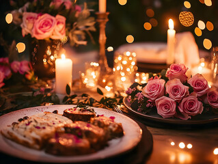 A romantic dinner setting with candles, flowers, and gourmet food.
