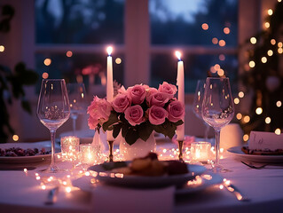 Romantic dinner setup with candles, roses, and soft lighting for a cozy atmosphere.