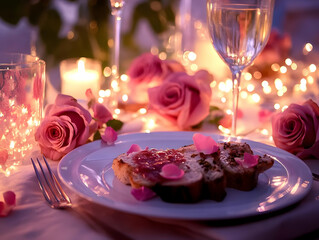 A romantic dinner setting with bread, jelly, and rose petals, illuminated by soft lights.