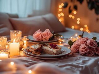 A romantic setting with dessert, roses, and candles on a cozy bed.